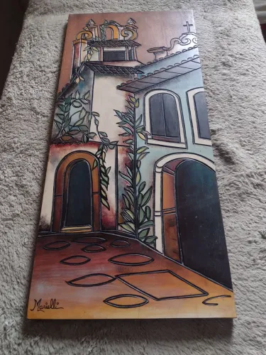 Vendo lindo quadro antigo pintura de casa alto relevo na madeira
