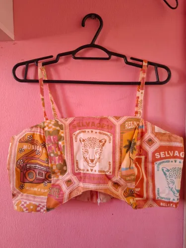 Cropped Fille Denim Estampado Colorido Tam. 42 Novo