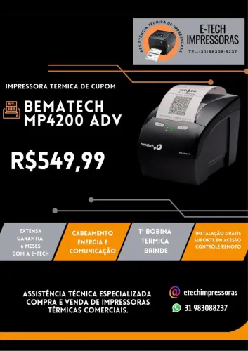 IMPRESSORA TÉRMICA DE CUPOM BEMATECH MP4200 TH ADV REDE ETHERNET (GARANTIA 6 MESES) 