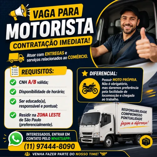 PRECISA-SE DE MOTORISTA - Zona Leste SP