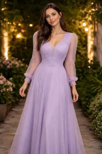 Vestido Longo de Festa Madrinha Lilás Tule com brilho Tamanho 40