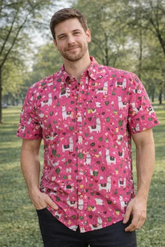 Camisa de Botão Masculina Estampa Lhama 100% Algodão