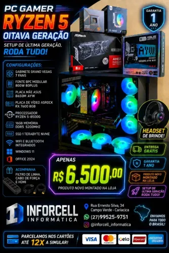 PC Gamer Ryzen 5-8500G + RX 7600 | 16GB DDR5 | SSD 1TB Novo Garantia 1 Ano