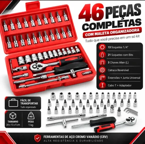 Kit de Ferramentas 46 Peças com Maleta | Completo para Casa, Carro e Oficina