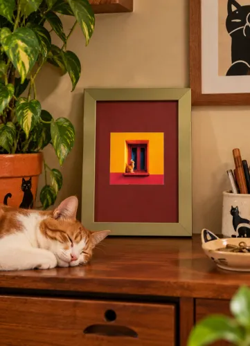 Quadro Decorativo Gato na Janela Colorida Moldura Verde 12x17