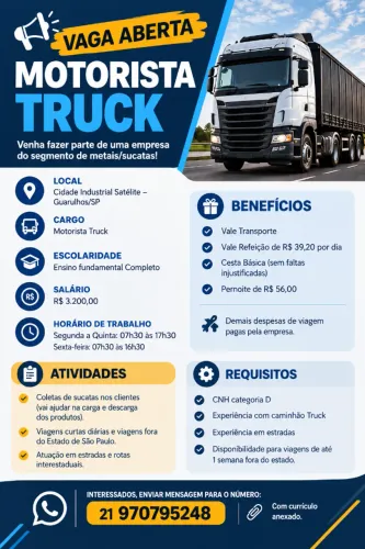 VAGA ABERTA - MOTORISTA TRUCK