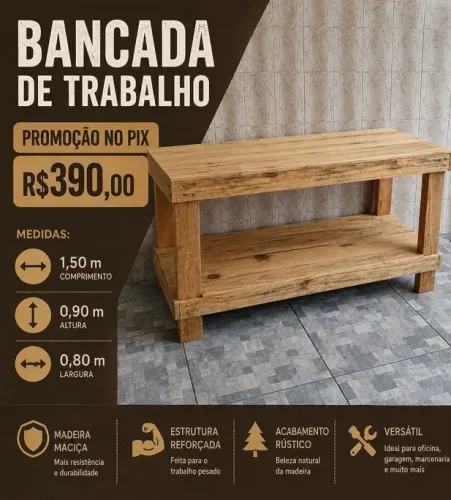 Bancada de trabalho madeira 1,50x0,80x0,90