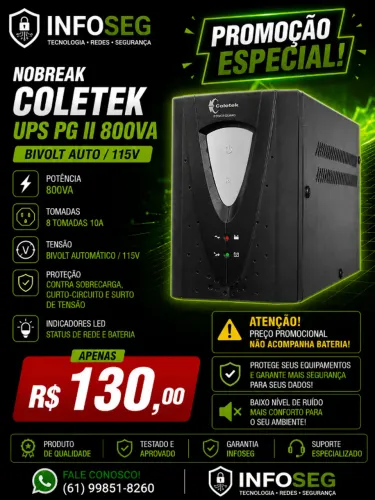 Nobreak Coletek 800VA UPS PG II Bivolt Auto/115V 8 Tomadas