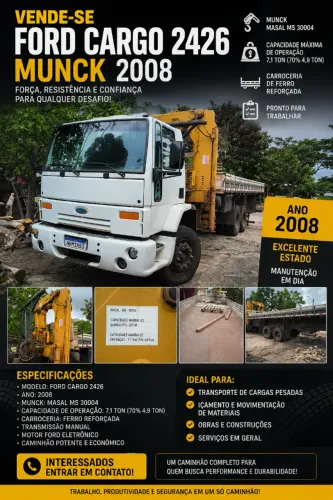 CAMINHÃO MUNCK FORD CARGO 2426 - ANO 2008 Munck MASAL MS-30004 (30 t/m)