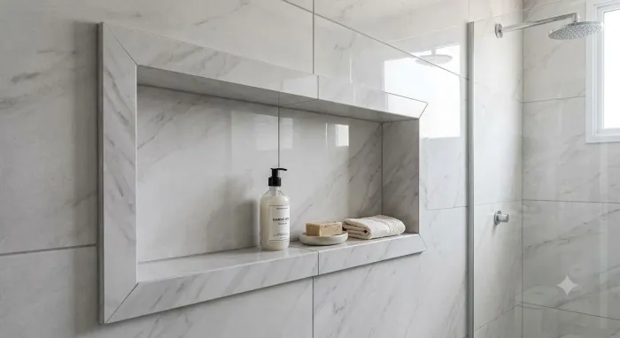 Um nicho de banheiro feito em porcelanato