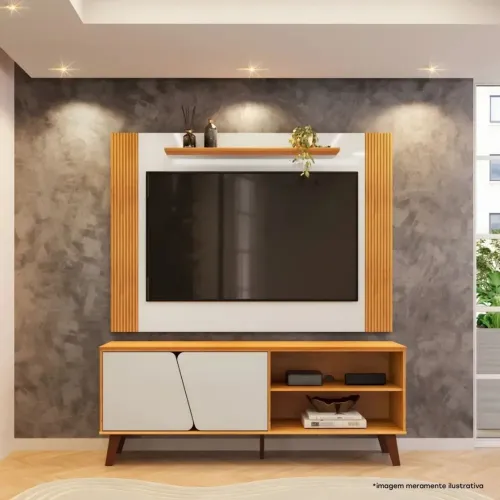 Rack e Painel Com Detalhe Ripado Dj Mark para TV até 65 Polegadas Cedro / Bali<br>