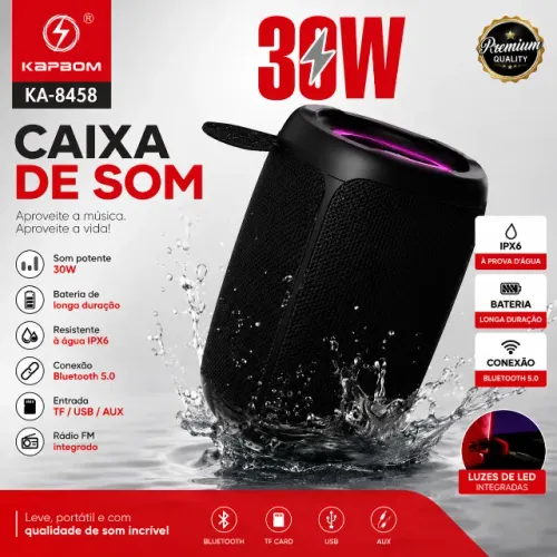 Caixa de Som Bluetooth Kapbom KA-8458 30W - Potente, IPX6, Luz LED