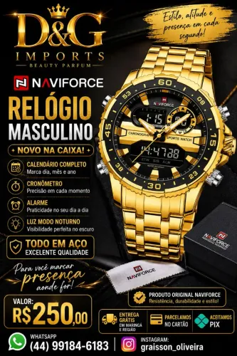 Relógio Masculino Naviforce Calendário Completo, Mostrador Digital e Analógico.