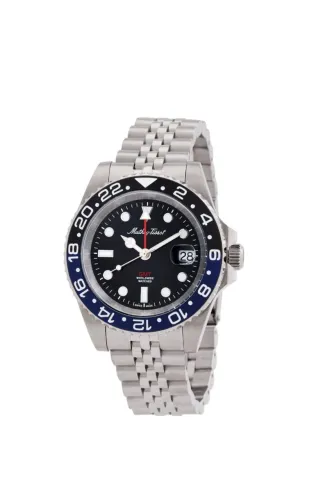 RELÓGIO MATHEY-TISSOT - SUÍÇO - VINTAGE GMT - MOSTRADOR PRETO E BISEL BATMAN - COMPLETO
