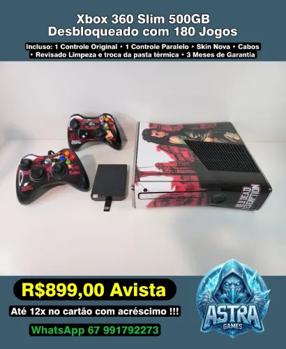 Xbox 360 Slim 500GB Desb. 180 Jogos - Astra Games !!!