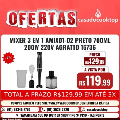 MIXER 3 EM 1 AMIX01-02 PRETO 700ML 200W 220V AGRATTO 15736