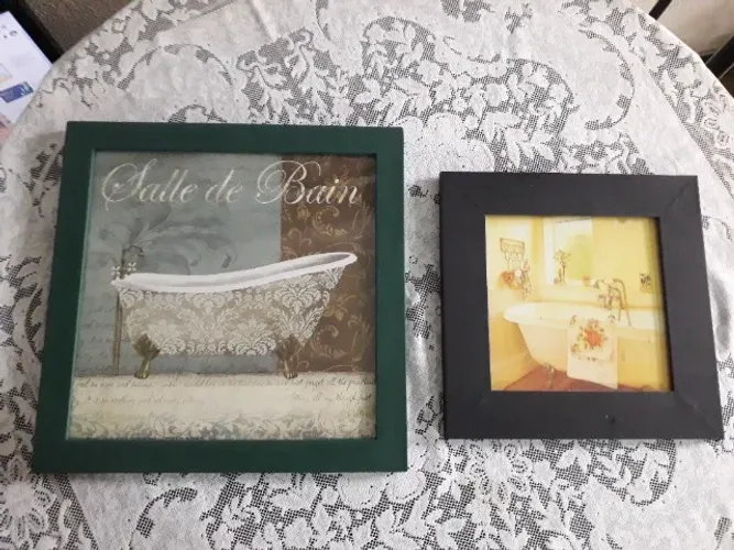 Kit  com 2 Quadros Decorativos Madeira, Banheiro e Lavabo, Verde e Preta com vidro,