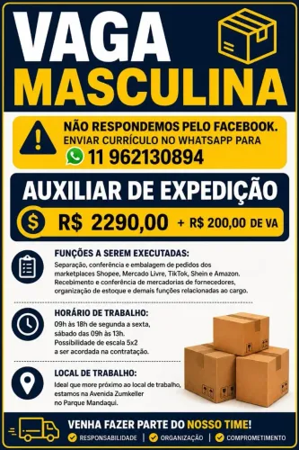 Auxiliar de expedição 2290,00+ 200,00 VA VAGA MASCULINA