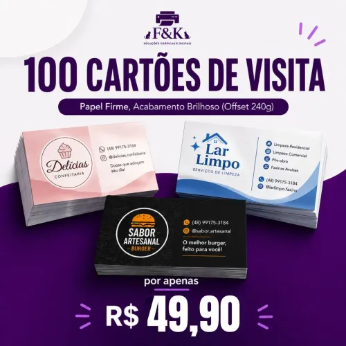 100 Cartões de Visita - R$49,90 | Material Firme, Acabamento Brilhoso