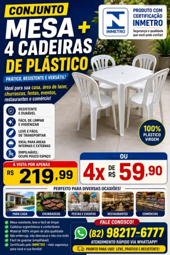 Conjunto Mesa + 4 Cadeiras de Plástico ? INMETRO