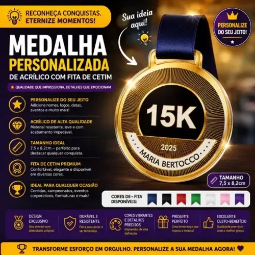 Medalha Acrilico Personalizada de Acrílico 7,5 x 8,2cm com Fita de Cetim