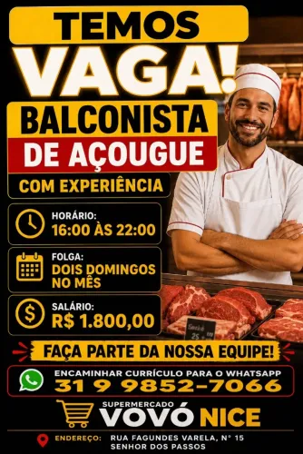 VAGA PARA BALCONISTA DE AÇOUGUE COM EXPERIÊNCIA