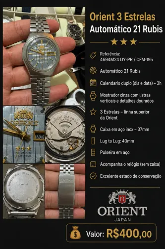 Relógio orient 3 estrelas automático 21 rubis