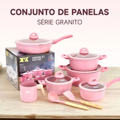 Jogo de Panelas 14 Peças Indução Gás Revestido em Cerâmica Granito Antiaderente.