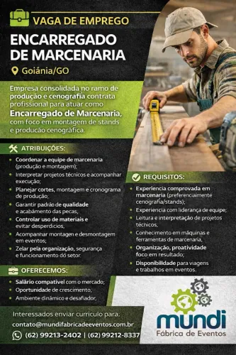 VAGA DE EMPREGO - ENCARREGADO DE MARCENARIA