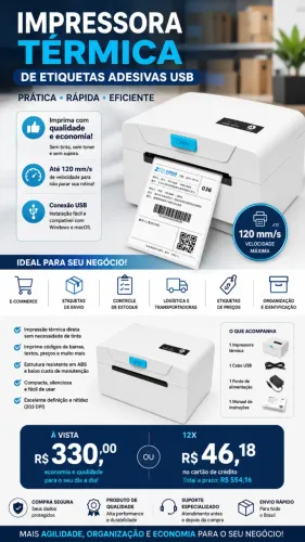 Impressora Térmica de Etiquetas Adesivas USB 203 DPI Branca