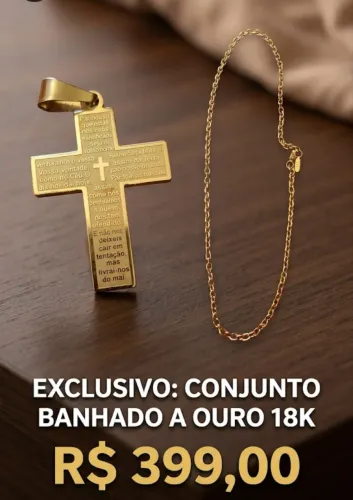 Corrente + Pingente Cruz Pai Nosso Banhado a Ouro 18k - Conjunto Completo