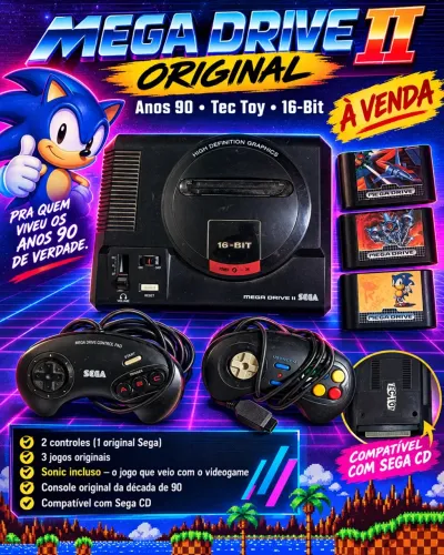 Mega Drive II Original Tec Toy Anos 90 - Sega CD + 2 Controles + 3 Cartuchos