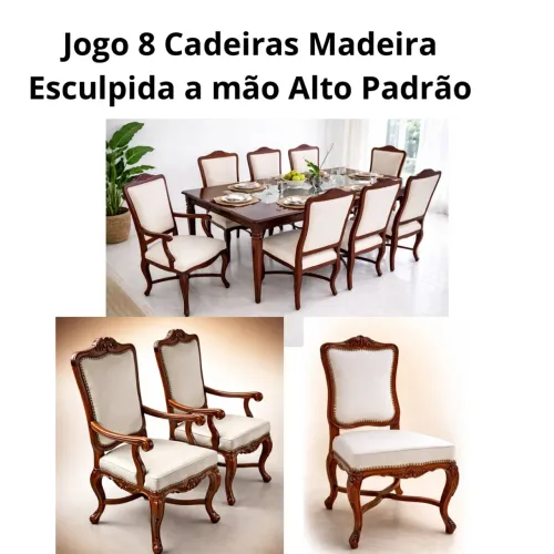 Jogo de 8 Cadeiras Madeira Maçica de Alto Padrão Esculpida à Mão