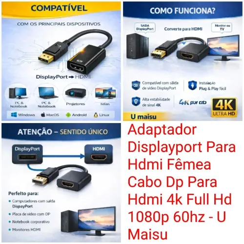 Adaptador Displayport Para Hdmi Fêmea Cabo Dp Para Hdmi 4k Full Hd 1080p 60hz - U Maisu