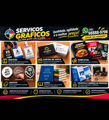 Panfletos, crachás, adesivos, banner, cartão de visita.