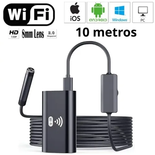 Câmera Inspeção Sonda Endoscópica 10m WiFi Sem Fio HD 720P Rígido/Flexível iOS Android Pc