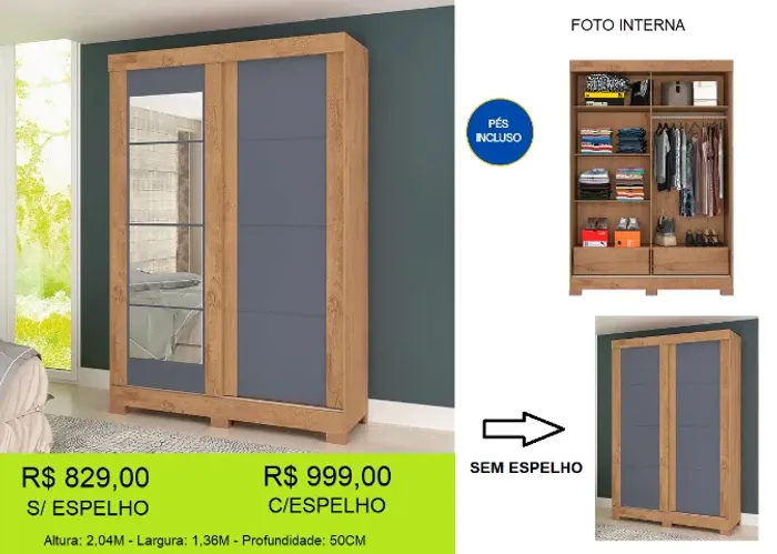 Roupeiro 2 portas com espelho opcional - Parcelamos sem juros
