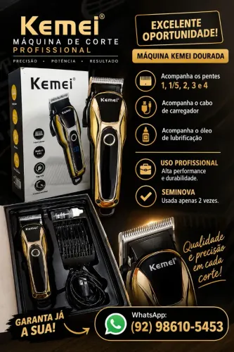 Máquina Kemei dourada profissional seminova + pentes / barbeiro