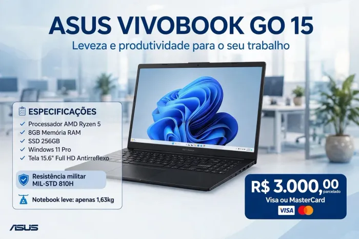 Notebook Asus Vivobook Go 15 || Ryzen 5 - 40 || 8gb RAM || 256gb SSD|| Windows 11 Pro 
