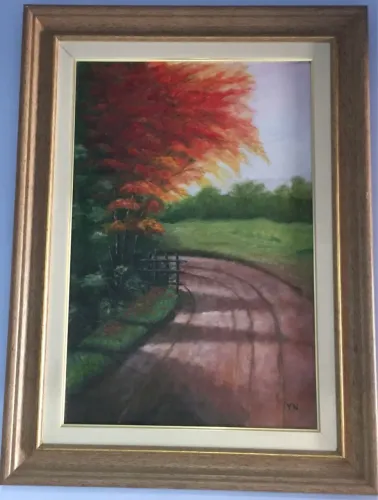 Quadro tinta a óleo - estrada com folhas vermelhas 