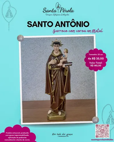 Santo Antônio Barroco com Coroa em Metal/ Imagem Religiosa Estilizada 