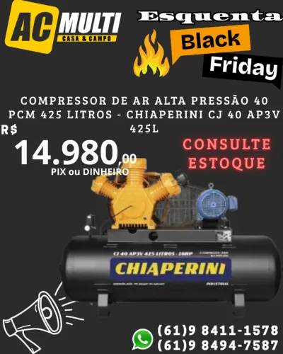 Compressor de ar alta pressão 40 pcm 425 litros - Chiaperini CJ 40 AP3V 425L