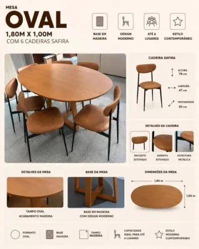 Mesa oval 1.83x100x2.5 c 6 cadeiras Safira 
