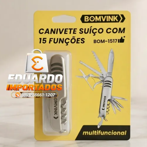 Canivete Suíço com 15 Funções, Multifuncional (Chaves, Abridor, Saca-rolhas, Philips etc)