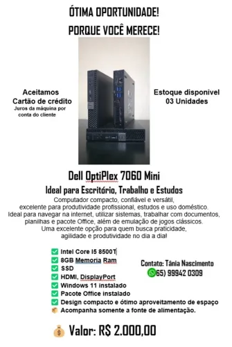 Dell OptiPlex 7060 Mini   Ideal para Escritório, Trabalho e Estudos