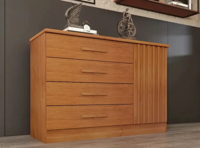 Cômoda Com 4 Gavetas E Ripas Na Porta Lateral PRONTA ENTREGA