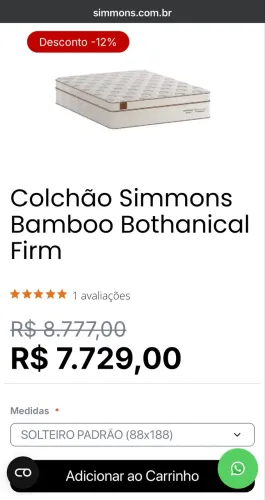 OPORTUNIDADE! SOLTEIRÃO Colchão Simmons Bamboo Bothanical Firm 88x198