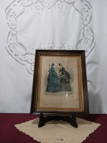 Antigo Quadro Com Gravura Francesa De Moda De Época