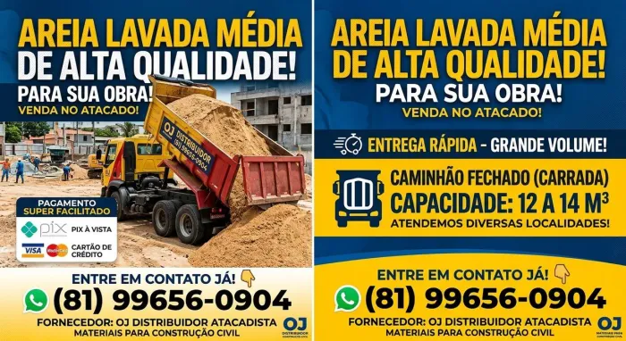 Areia lavada média limpa para alvenaria