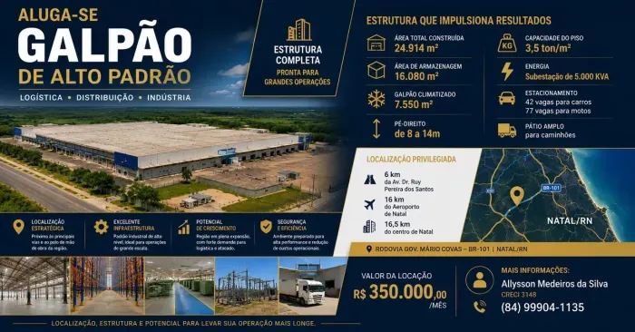 GALPÃO LOGÍSTICO E INDUSTRIAL DE ALTO PADRÃO PARA LOCAÇÃO | NATAL/RN